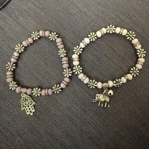 Rustic Spiritual Charm Bracelet Set – Hamsa & Elephant Design